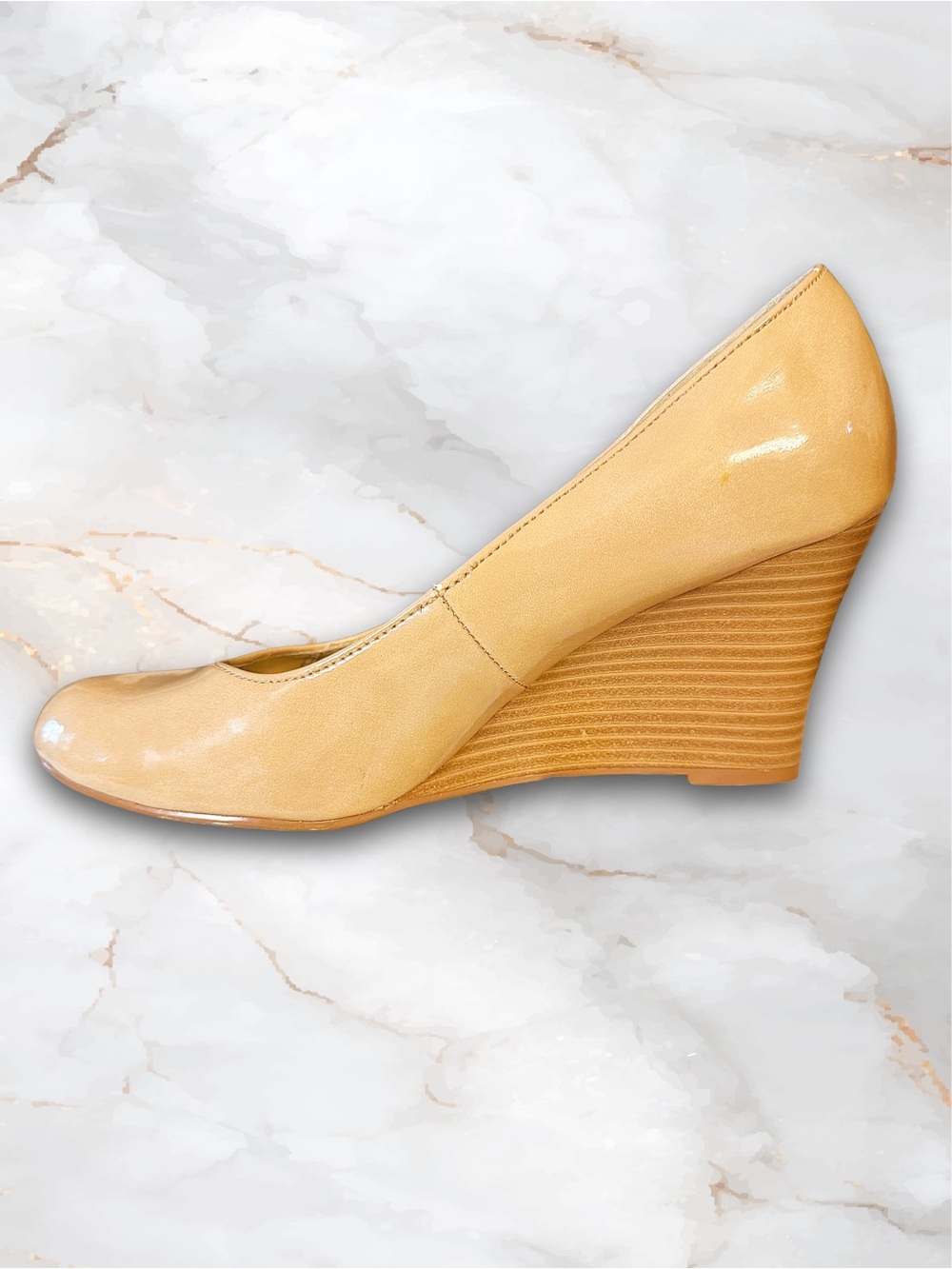 Dexter Neutral Beige Patent Stacked Wedge Pumps Classic Comfort Heel Sz 7 - Picture 7 of 11
